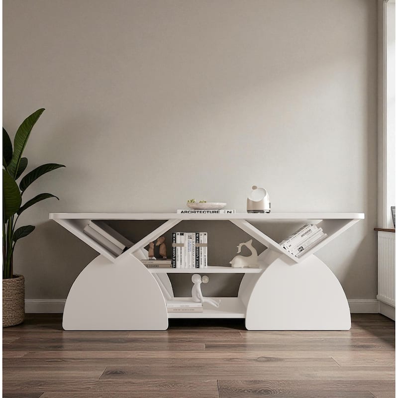 47.2'' Modern Engineered Wood Coffee Table with Open Storage Shelves, Rounded Corners & Sturdy Frame for Living Room