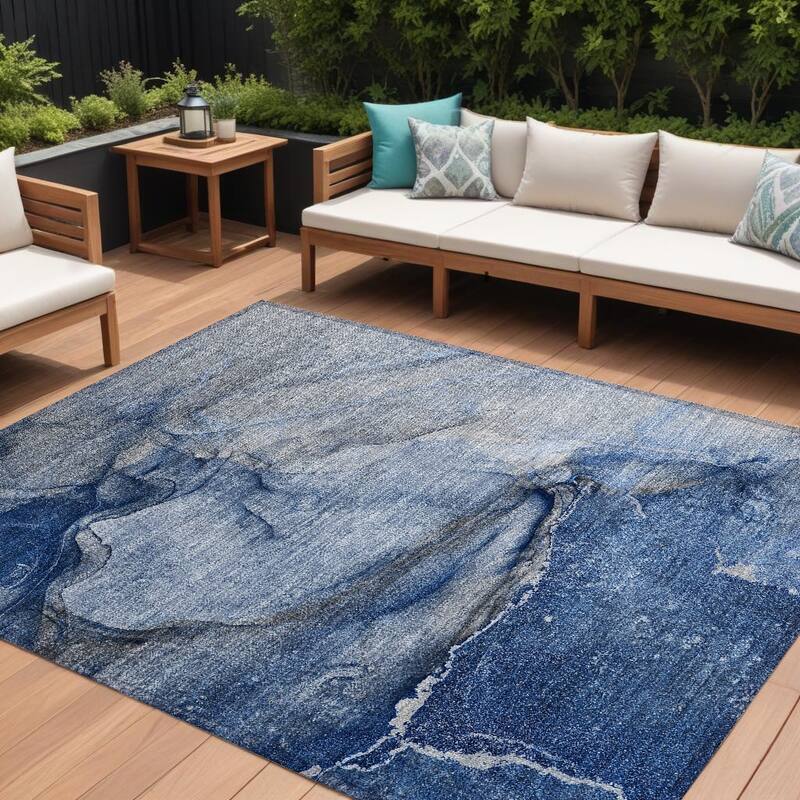 Fami Artistic Abstract Weather Resistant Versatile Elegance Outdoor Rug - 9' X 12' - Blue
