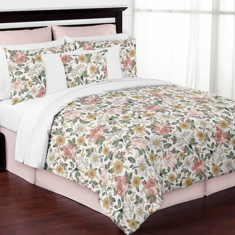 Sweet Jojo Designs Vintage Floral Boho Girl 3pc Full Queen Comforter Set - Blush Pink Yellow Green White Shabby Chic Farmhouse