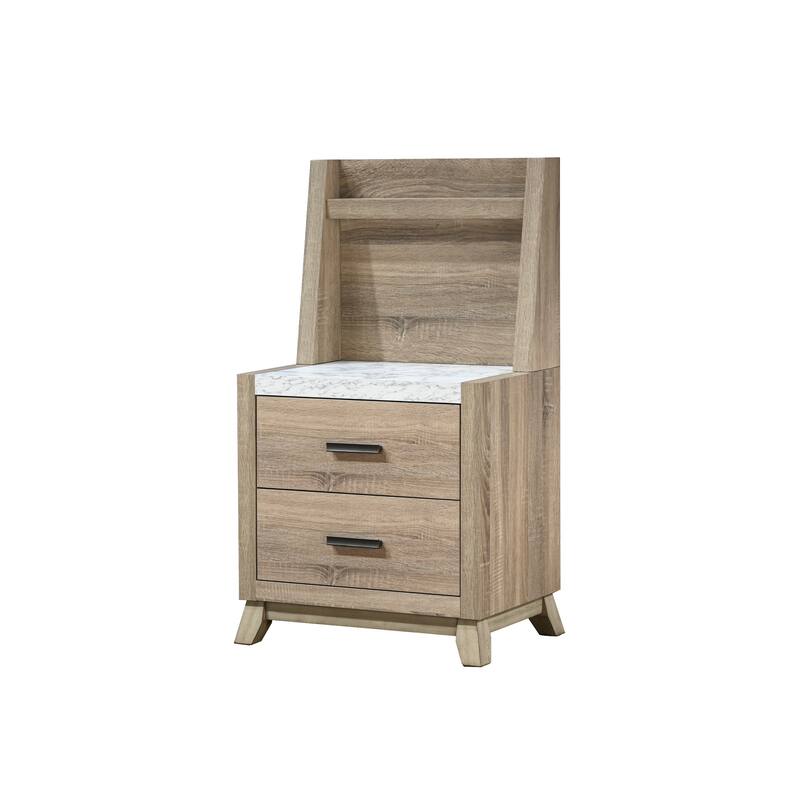 1pc Rustic Transitional Contemporary Nightstand Wall Panel Natural Brown Faux Stone Top W/Led Light Bed Side Cabinet
