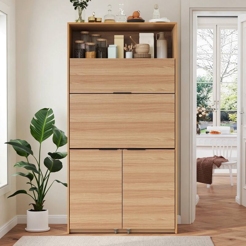 69"Tall Kitchen Pantry with Hutch, Multifunctional Storage Cabinet with Adjustable Shelf and Power Outlet - Natural
