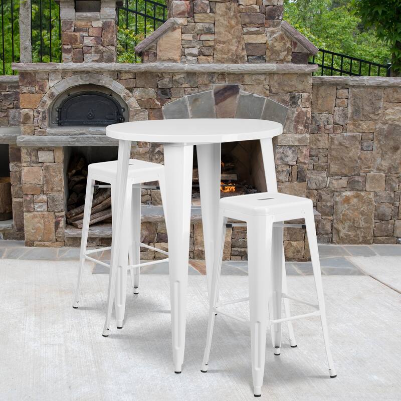 30'' Round Metal Indoor-Outdoor Bar Table Set with 2 Square Seat Backless Stools - 30"W x 30"D x 41"H - 30"W x 30"D x 41"H