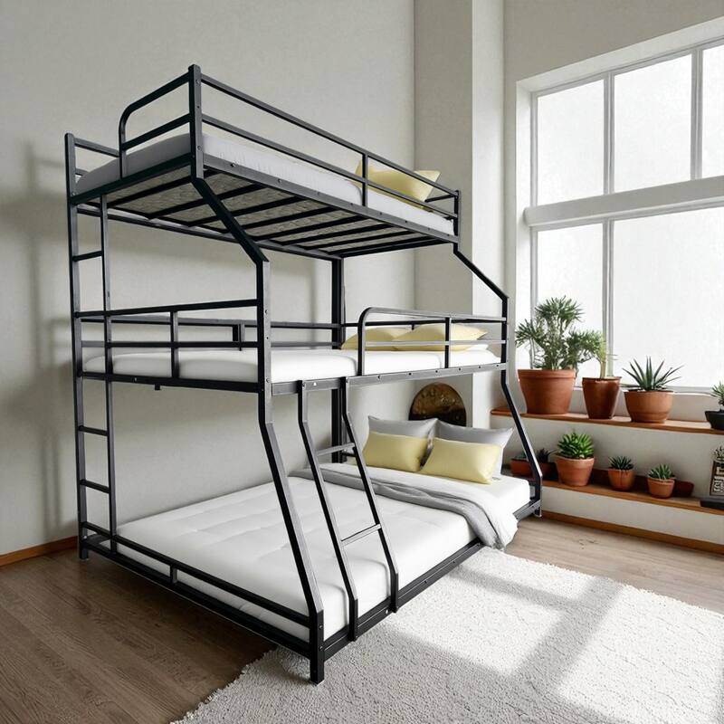 Metal Triple Bunk Bed with Full-Length Guardrails, Long and Short Ladders, Space-Saving Design for Kids and Teens