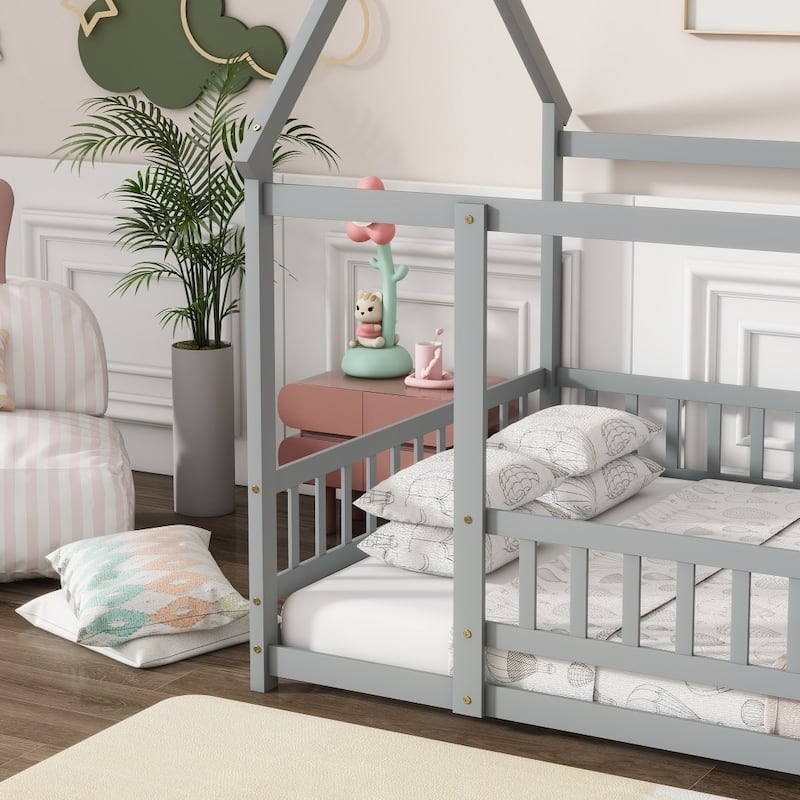 Full Size House Floor Wooden Bed with Roof Frame, Safety Guardrails
