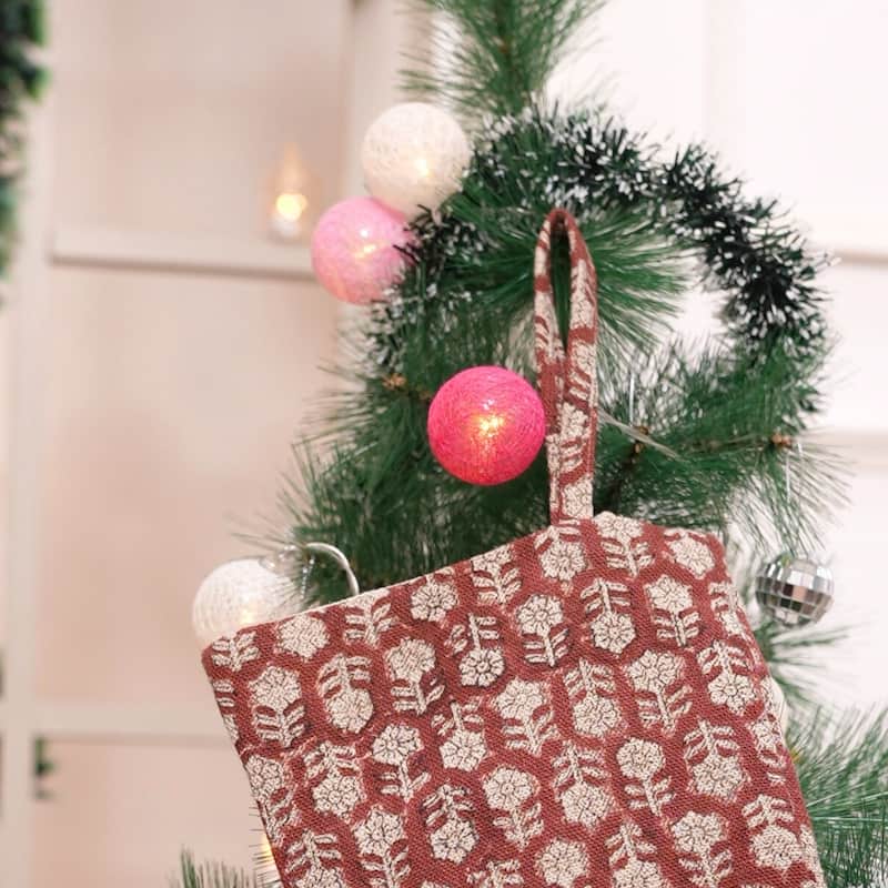 Fabdivine Handmade Christmas Stocking Floral Block Print 10X4.5 Inch Tassel Loop for Home Décor - 10"X4.5" - Tulsi Buti- Red - Christmas Stockings