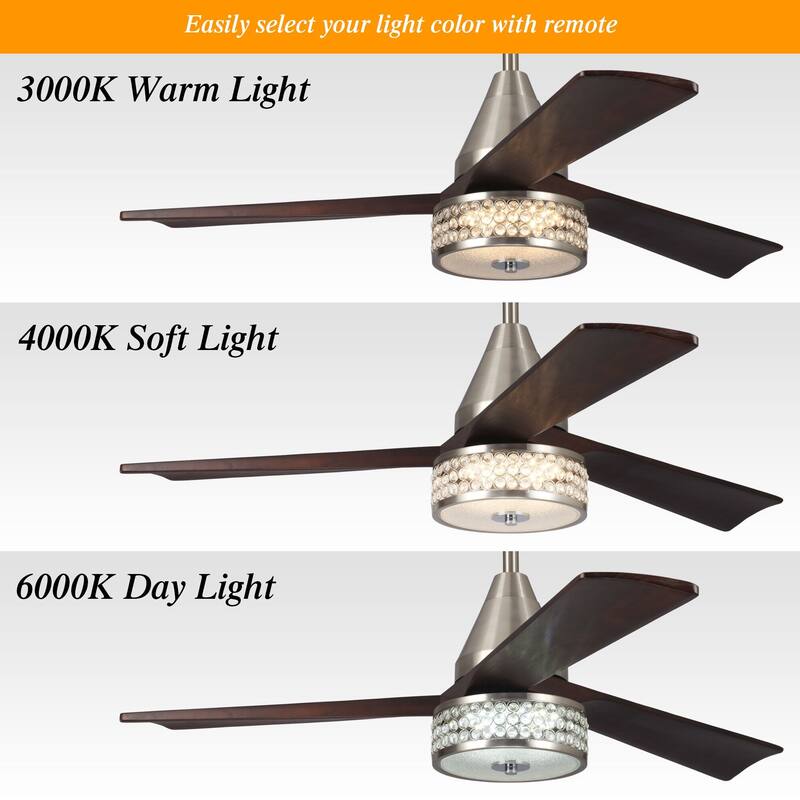 52" Walnut Wood 3-Blade Crystal LED Ceiling Fan with Remote