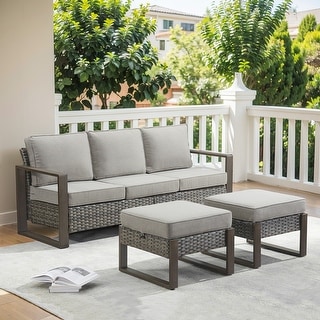 Outdoor PE Wicker Sofa and 2 Ottomans - Grey - Bed Bath & Beyond - 40483436