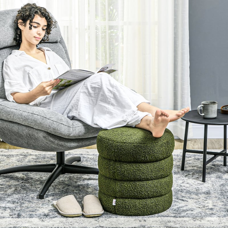HOMCOM Modern Round Ottoman, Teddy Fleece Fabric Upholstered Foot Stool with Padded Seat for Living Room, Entryway, Green - Green - Medium