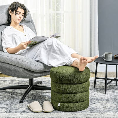 HOMCOM Modern Round Ottoman, Teddy Fleece Fabric Upholstered Foot Stool with Padded Seat for Living Room, Entryway, Green