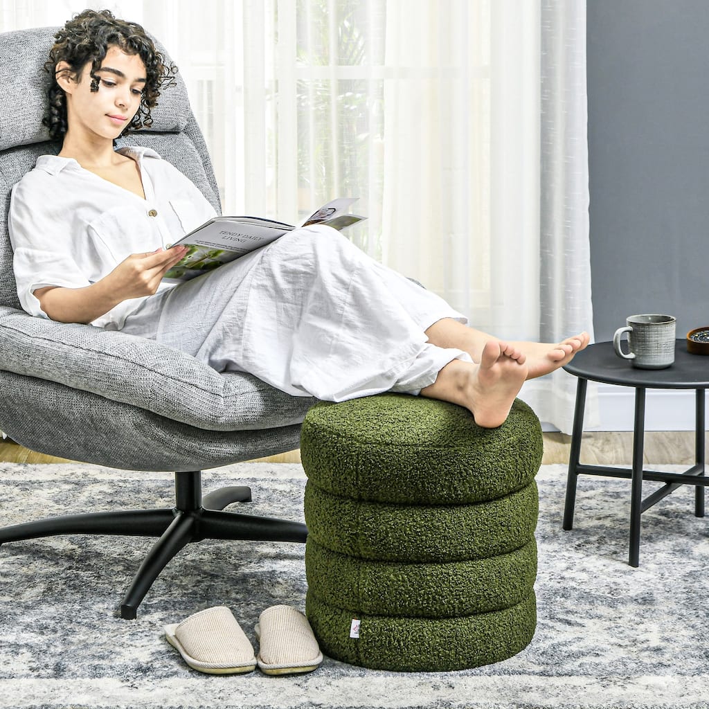 HOMCOM Modern Round Ottoman, Teddy Fleece Fabric Upholstered Foot Stool with Padded Seat for Living Room, Entryway, Green