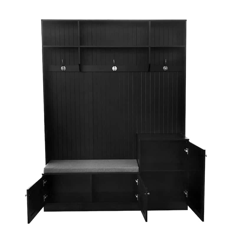 Modern Entryway Hall Tree with Cushioned Storage Bench & Shoe Bench, Tall Coat Rack with Cabinets and Shelves