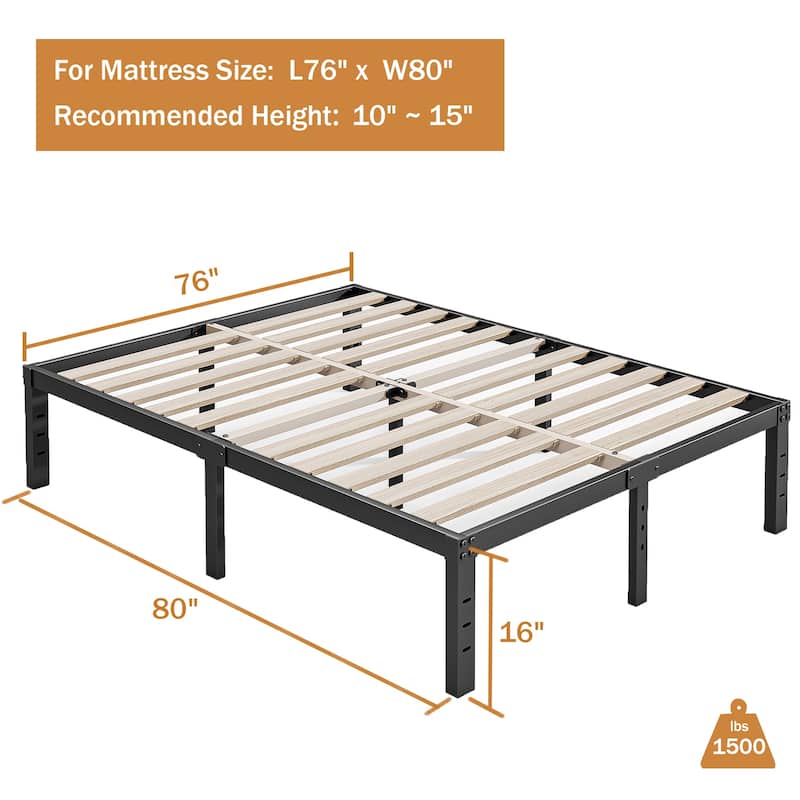 16 Inch Black Metal Platform Bed Frame With Wood Slats Support