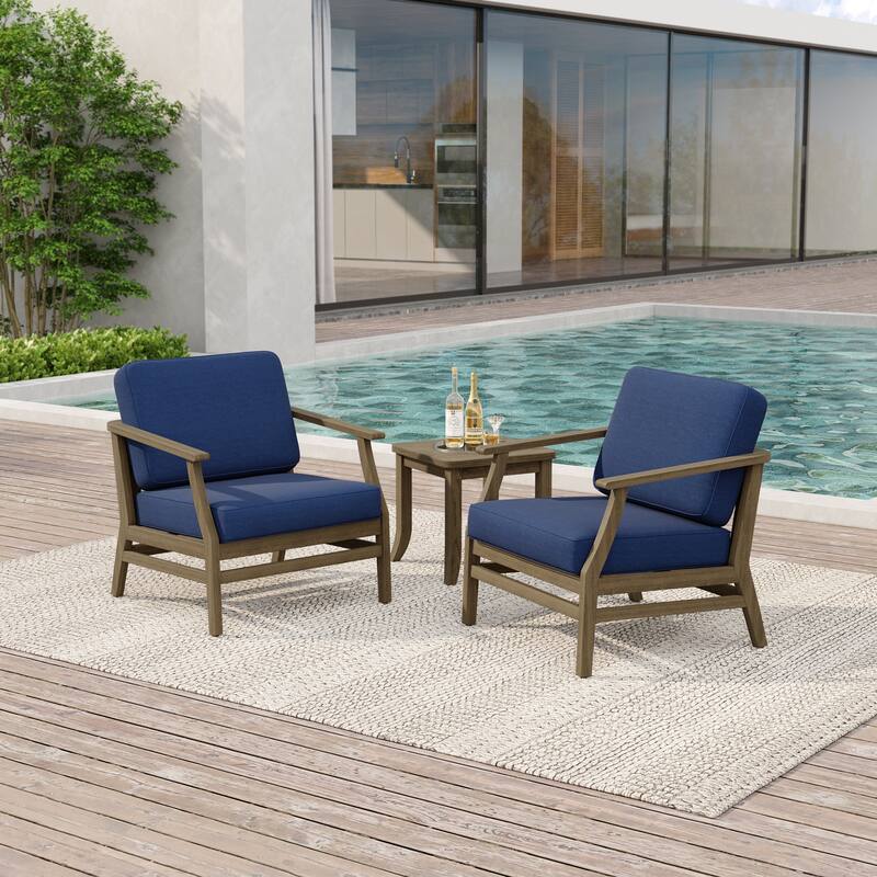 2 Set Patio Teak Wood Outdoor Chair and Side Table Set with Cushions