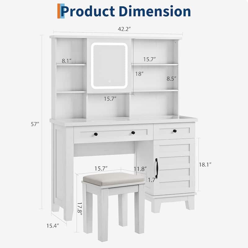 Farmhouse Makeup Vanity Desk with Stool, Mirror and Lights & Power Outlet