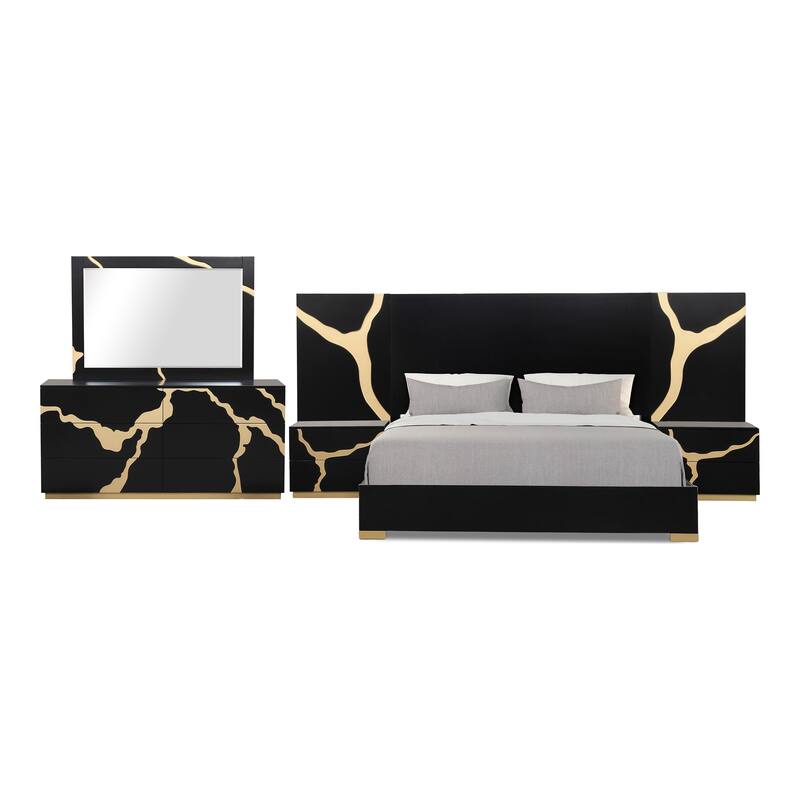 Furniture of America Kismet Modern 5-Piece Black Wood Platform Bedroom Set with Wall Panels