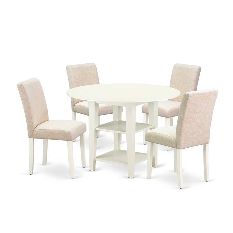 Coastal Cottage Dining Set - 5pc Round Table & 4 Chairs - 20/42 Inch Table - Linen Beige Fabric