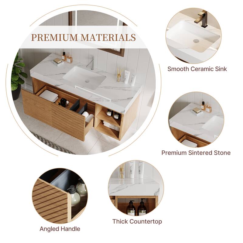 48" Modern Floating Single Bathroom Vanities, Solid Wood, Brown or natural wood, 2 Drawers