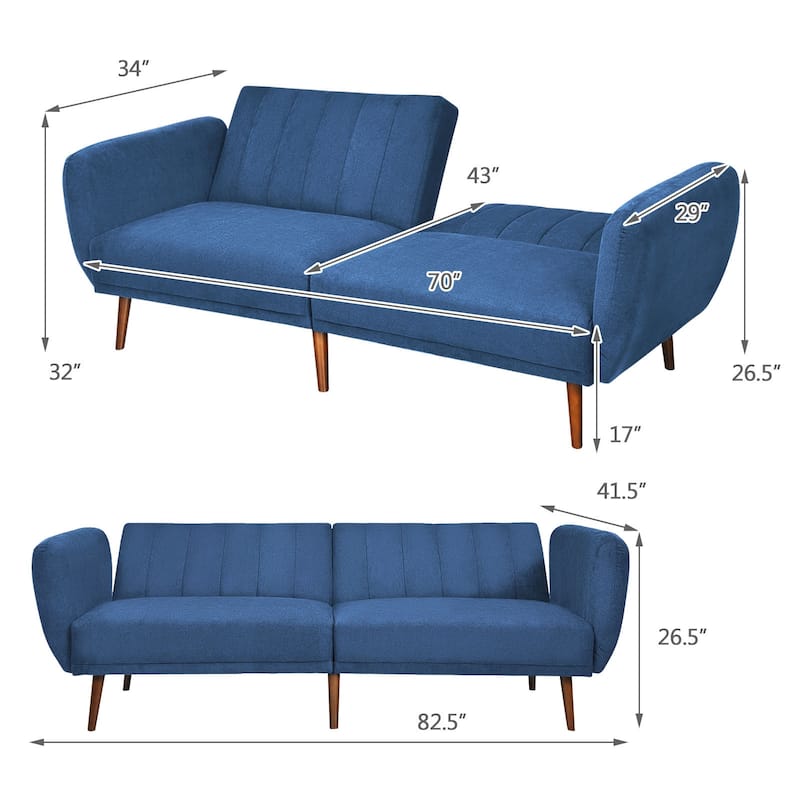 Costway Convertible Futon Sofa Bed Adjustable Couch Sleeper w/ Wood - 82.5'' x 34'' x 32'' (L x W x H)