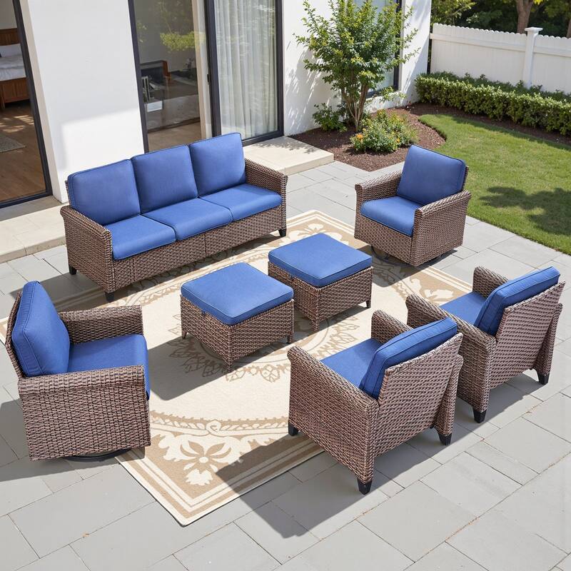 Pocassy Outdoor Sofa Swivel Chairs Patio Chair Funiture Set - 7PCS Sofa Chair w/ Ottoman - Brown Wicker Beige Cushion