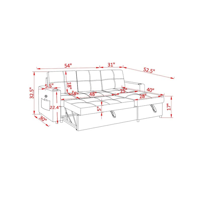 Linen Sectional Sofa Reversible Chaise with Pull out Sleeper