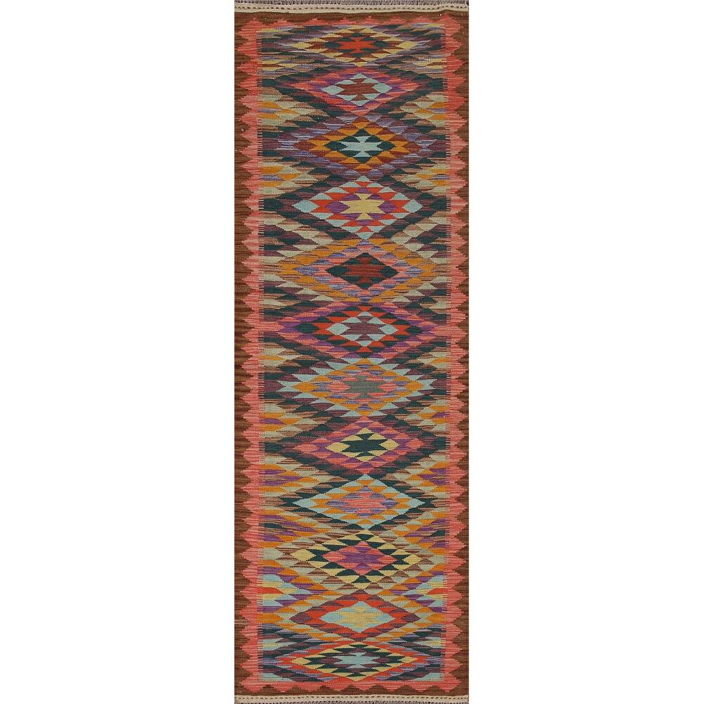 Hand-Woven Reversible Kilim Runner Rug Hallway Wool Carpet - 2'8" x 9'7"