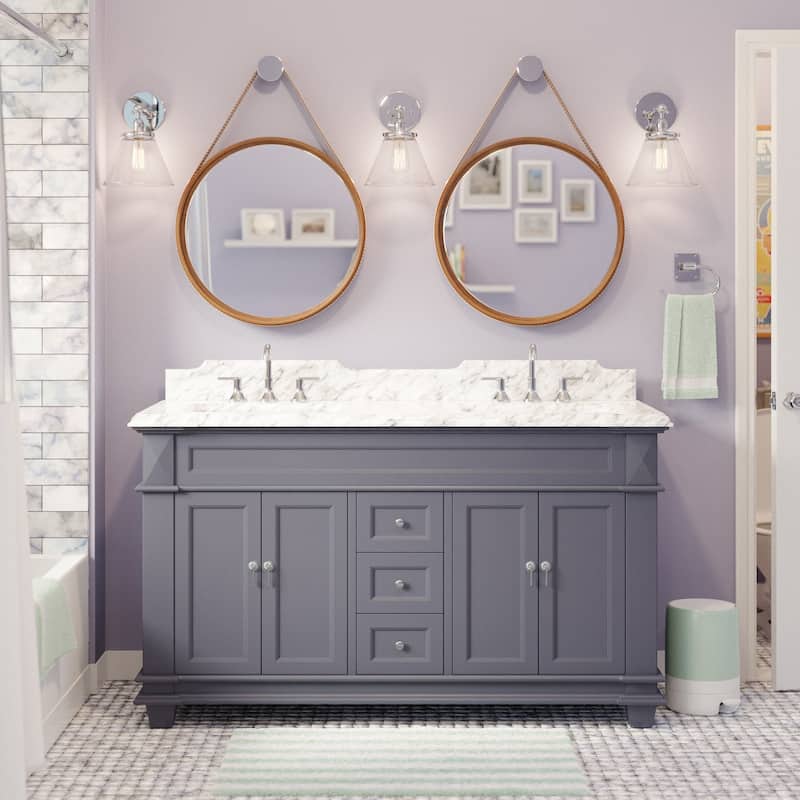 KitchenBathCollection Elizabeth 60" Double Bathroom Vanity with Carrara Marble Top - Marine Gray