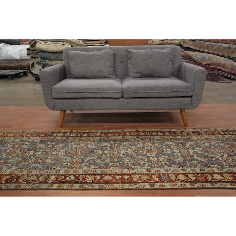 Hand Knotted Oriental 100% Wool Carpet Traditional All-Over Navy Blue & Blues Heriz (Bakhshayesh) Runner Rug - 15' 0'' X 3' 4''