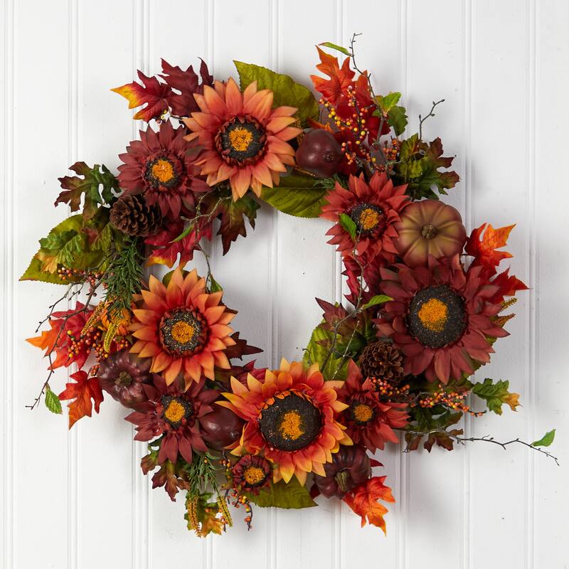 Sunflower Pumpkin Pinecone Berries Fall Harvest Artificial Wreath 24-"