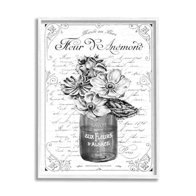 Stupell Anemone Flower French Text Fancy Floral Border Framed Wall Art, Design by Lettered and Lined - Grey