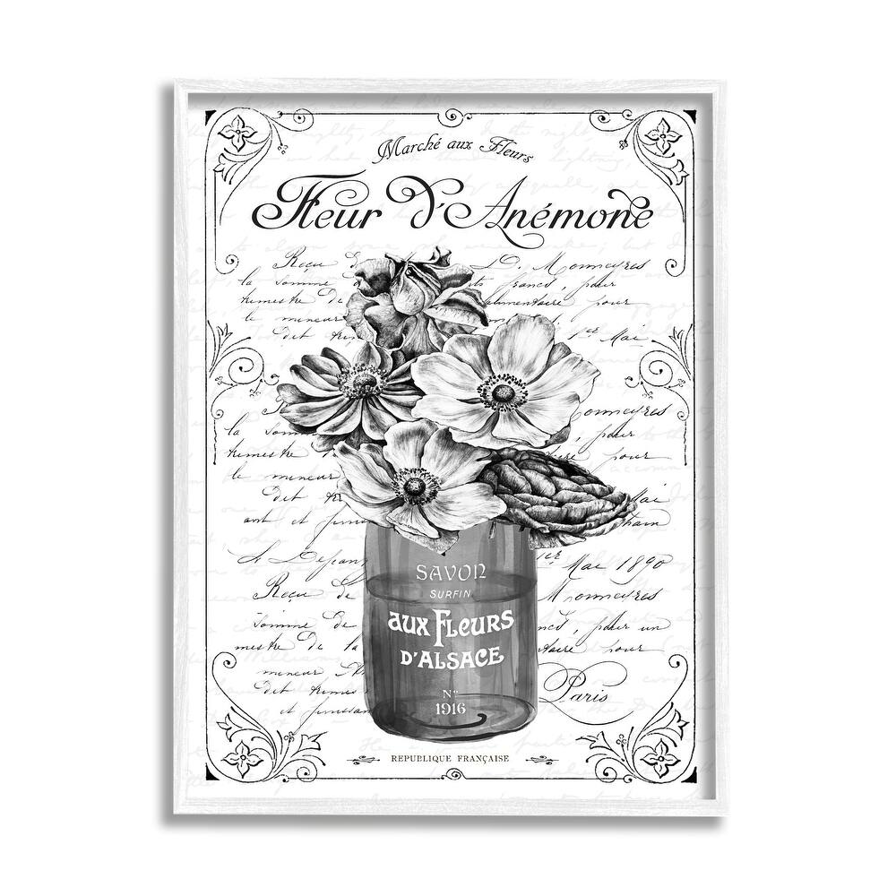 Stupell Anemone Flower French Text Fancy Floral Border Framed Wall Art, Design by Lettered and Lined - Grey