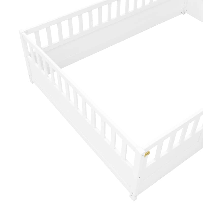 Full Size Pine Wood Floor Bed, Integral Construction with Super High Security Barrier, Door, Children's Floor Bed Frame