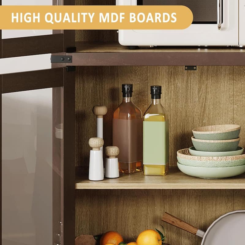 71.6" 5-Tier Arched Display Cabinet with Wooden Doors, Bookshelf - N/A