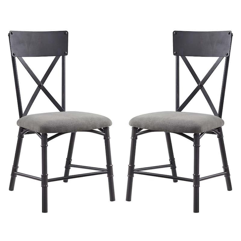 21 Inch Metal Dining Side Chair, Fabric Seat, X Back, Set of 2, Gray