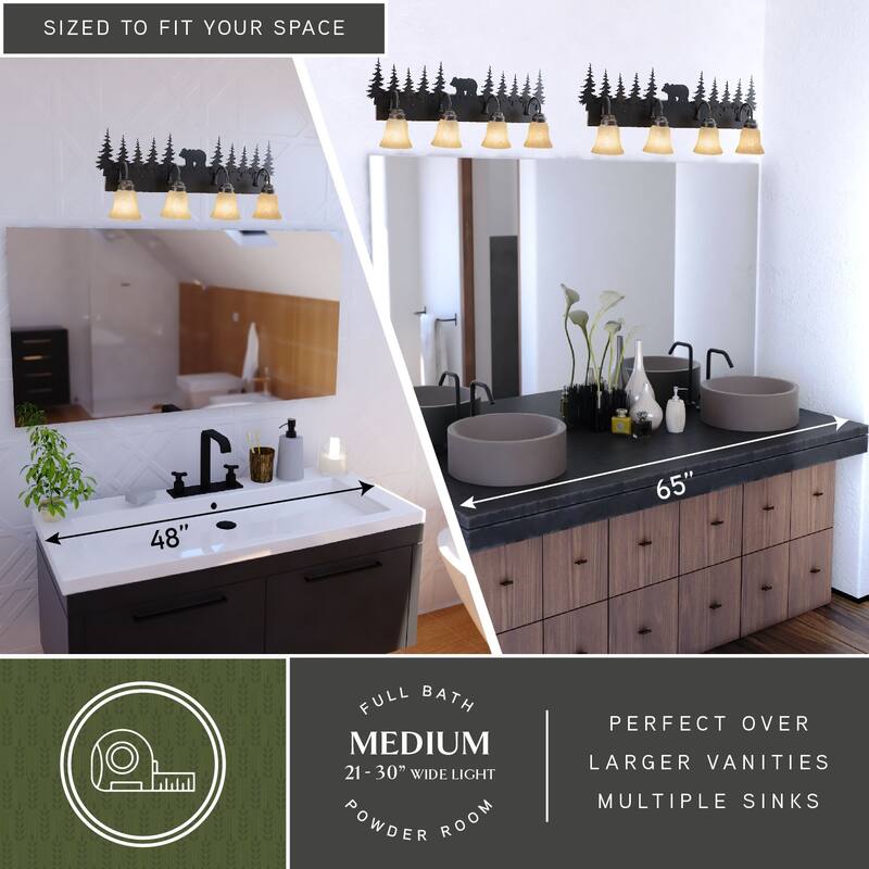 Bozeman 4-Light 33 in. W Burnished Bronze Rustic Cabin Bathroom Vanity Lighting Fixture, Amber Flake Glass Shade, Bear and Trees