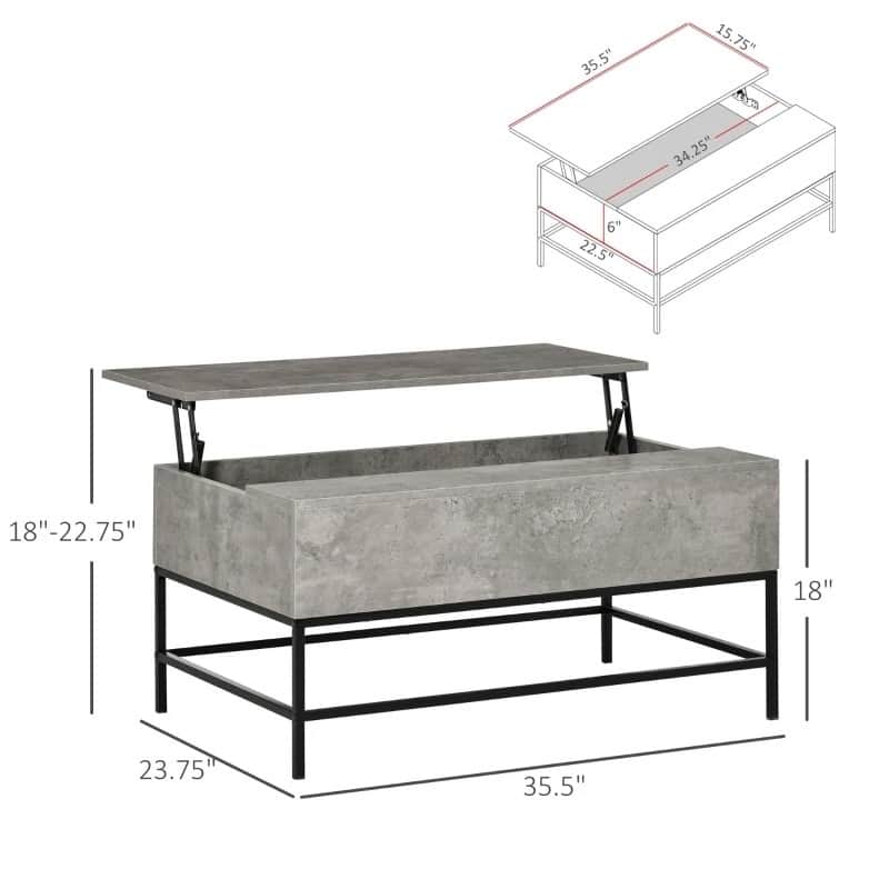 Grey/Brown/White Lift Top Coffee Table w/ Hidden Storage Black Metal Legs