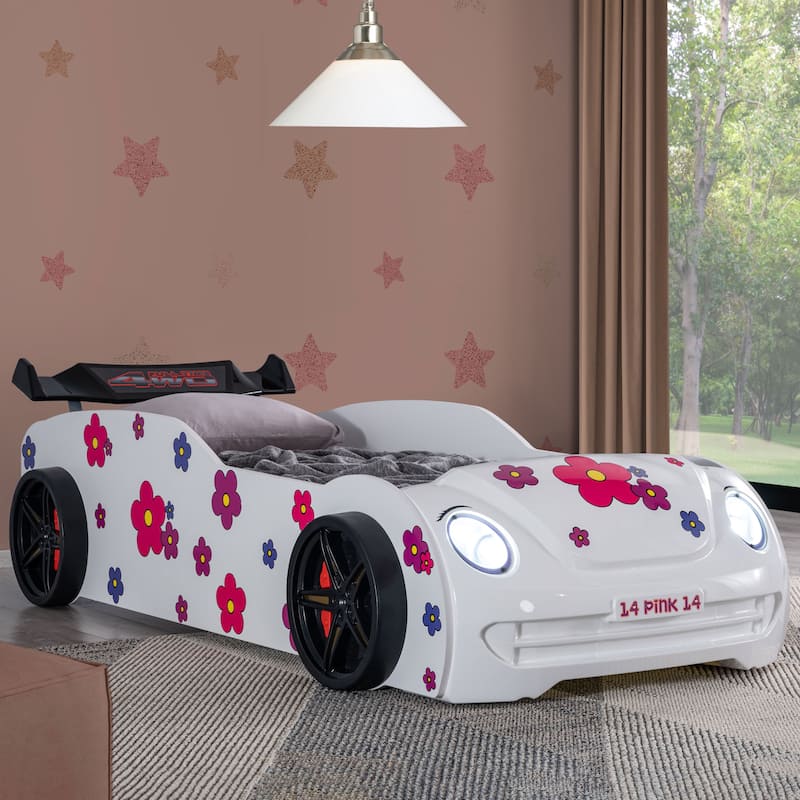 Furniture of America Isola Modern White Twin Race Car-Shaped Platform Bed with LED Headlights and Sound - White