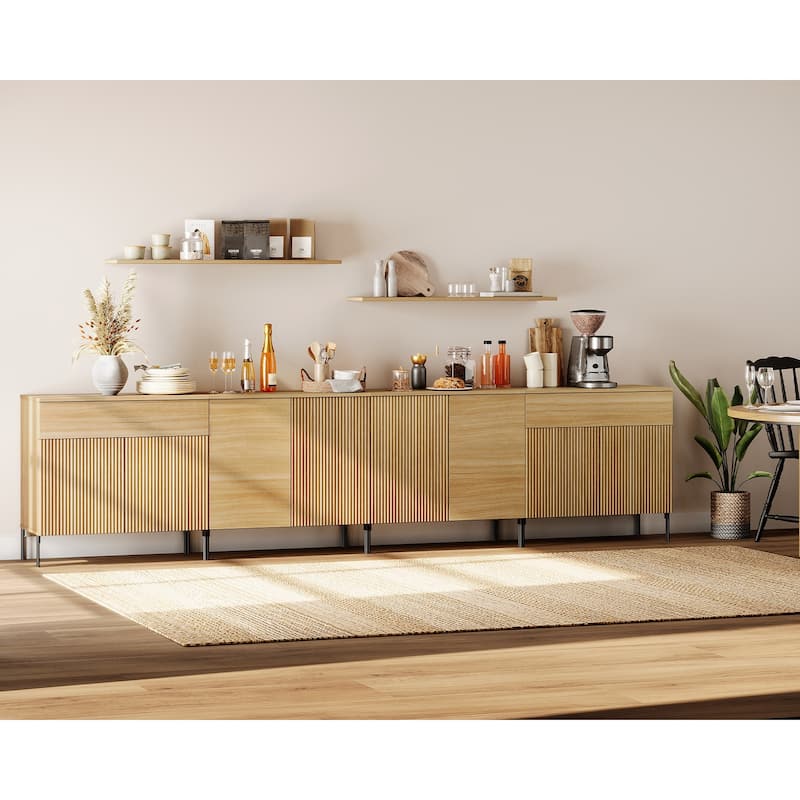 126" Modern Reeded 8-Door Sideboard With Drawers, 4-In-1 Wooden Credenza