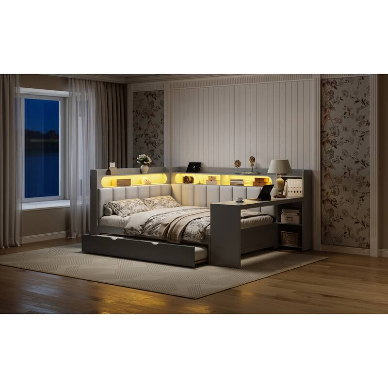Roomfitters Full Daybed with Trundle, Charging Station and Upholstered Headboard