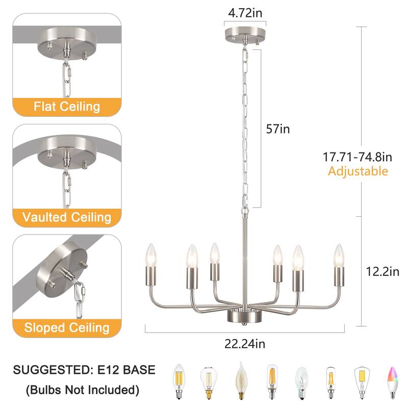 Modern Chandelier, Farmhouse Chandelier, 6-Light Metal Candle Style Chandelier for Dining Room Living Room Bedroom Kitchen