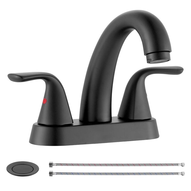 WOWOW 4 in. Centerset Double Handle High Arc Bathroom Sink Faucet - Matte Black
