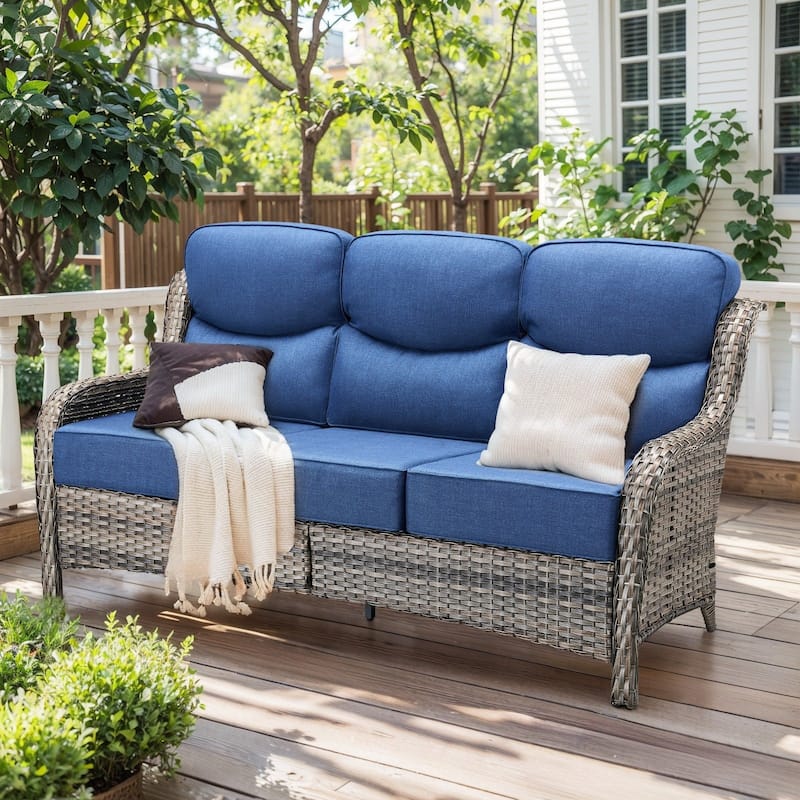 Outdoor Wicker Sofa PE Rattan Patio Couch Sofa - 3-Seat Sofa - Grey Rattan - Blue Cushion