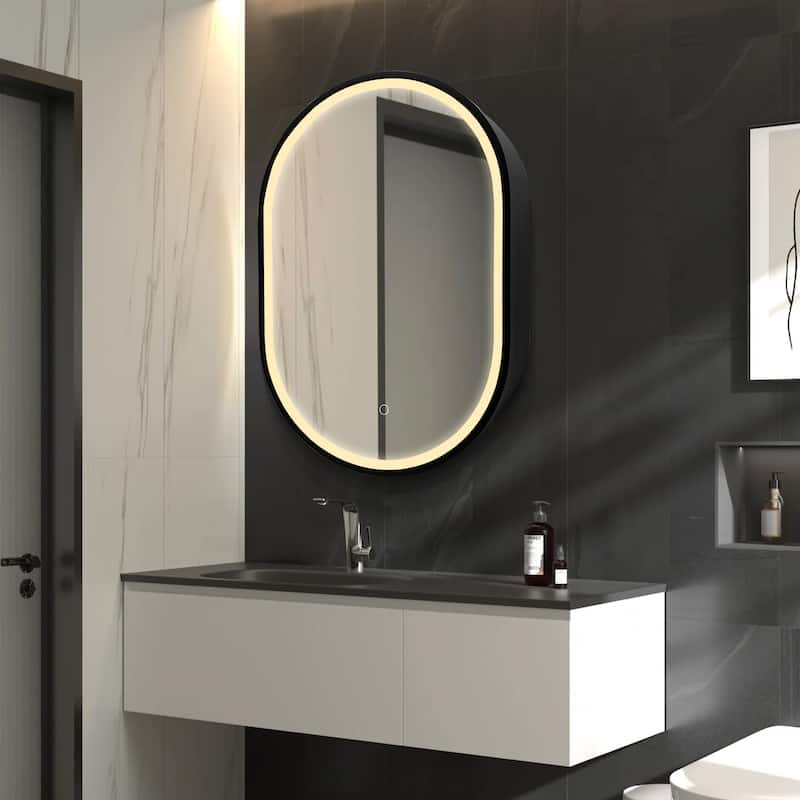 31x21 inches LED Oval Black Metal Framed Wall mount Bathroom Medicine Cabinet with Mirror - Black