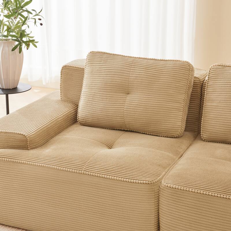 L-Shaped Sectional Couch with Ottoman, Oversized Modular Corduroy Sofa