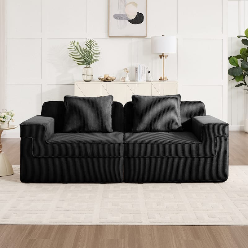 Modular 2-Seat Boneless Sofa, Modern Sectional Couch with Deep Seats, Wide Armrests, Corduroy Loveseat with Throw Pillows