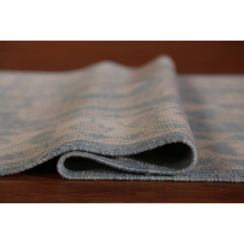 Hand Knotted Oriental 100% Wool Carpet Transitional Geometric Navy Blue & Blues Oushak Runner Rug - 18' 10'' X 3' 5''