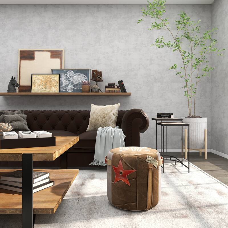 Brown Canvas Pouf with Leather Accents