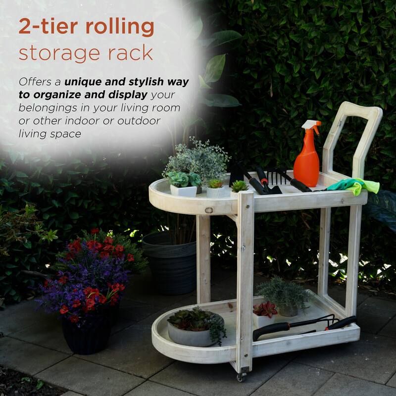 Wooden 2-Tier Push Cart Storage with Wheels