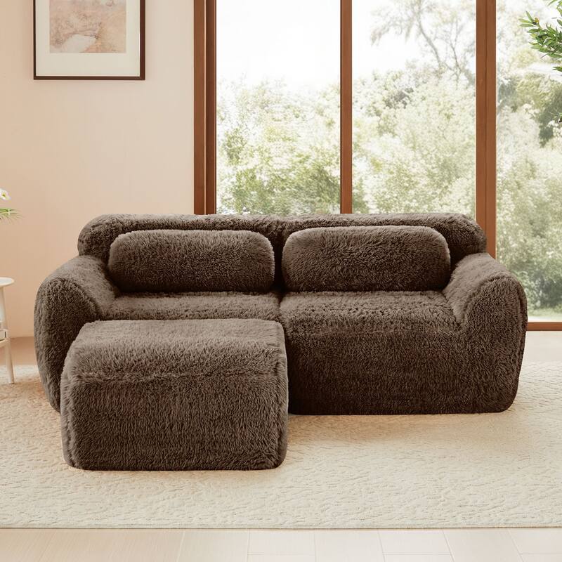 Rossetta 2-seater L-shaped Boneless Soft Fluffy Plush Fabric Sofa Couches with Throw Pillows, Moveable Ottoman - Chocolate