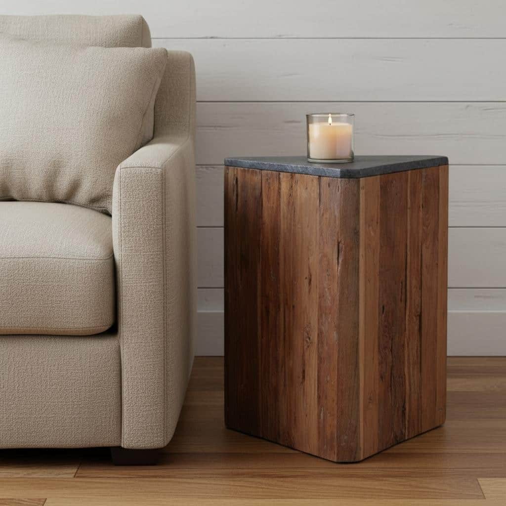 HomeRoots 24" Natural And Charcoal Reclaimed Wood And Stone Block End Table - 19.70 in. x 23.60 in. x 19.70 in.