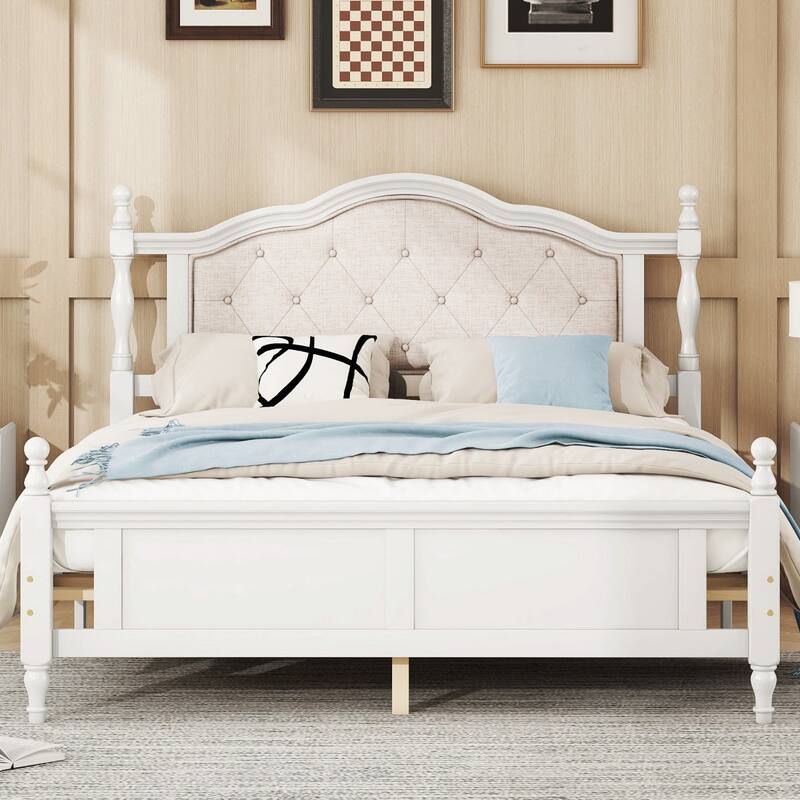 Solid Wood Queen Size Platform Bed Frame with Upholstered Headboard